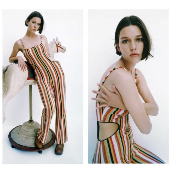 ZARA Terrycloth Cut Out Stripped Knit Jumpsuit - Picture 1 of 5